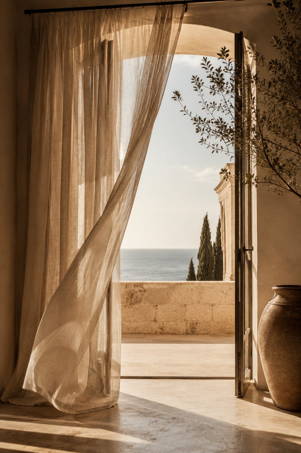 Curtain drifting at an open balcony door