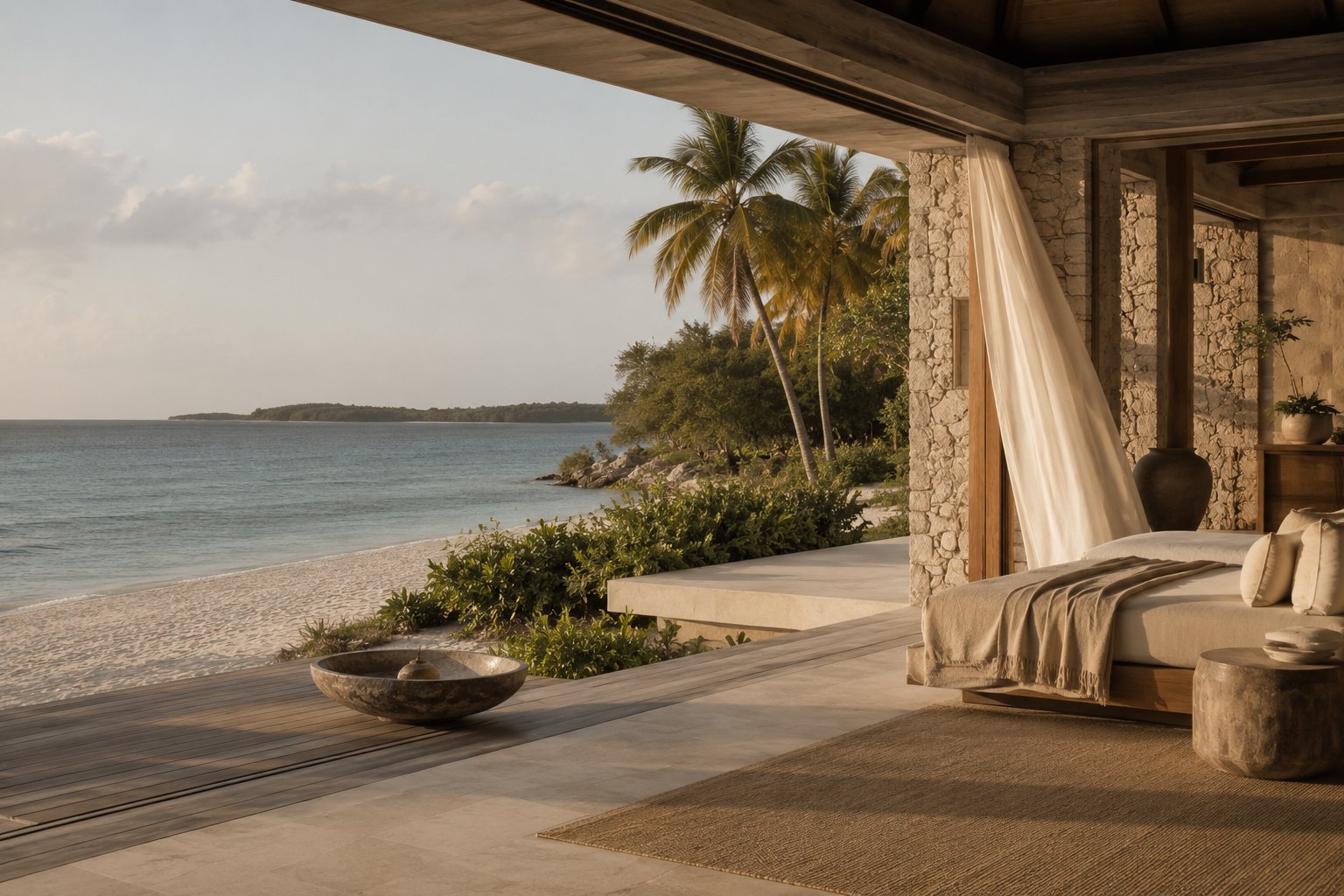 Open beachfront villa at golden hour, linen drifting at the doorway